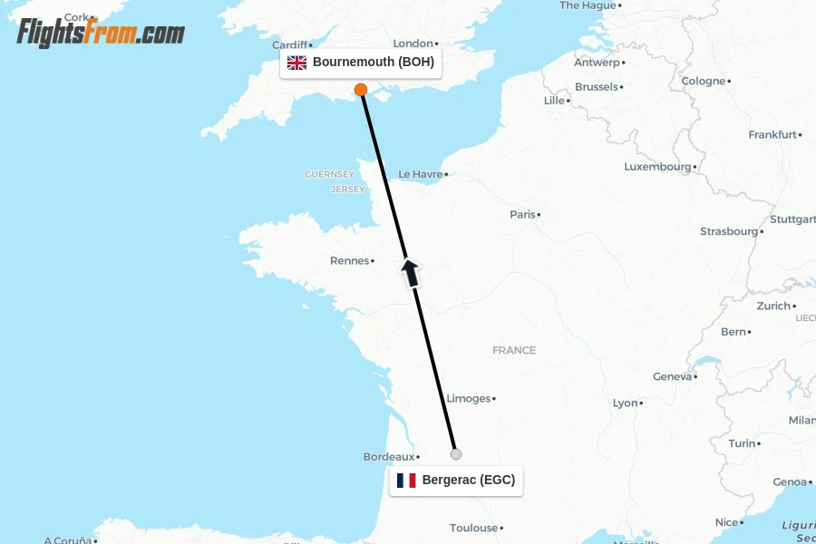 Flights from Bergerac to Bournemouth route map
