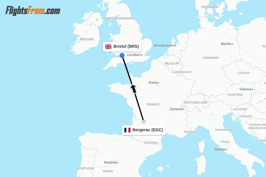 Flights from Bergerac to Bristol route map