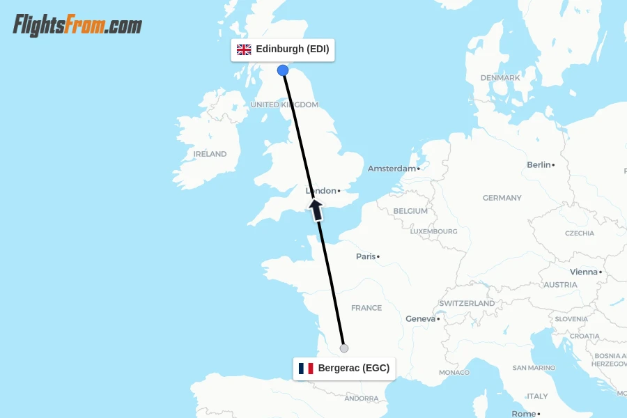 Flights from Bergerac to Edinburgh route map
