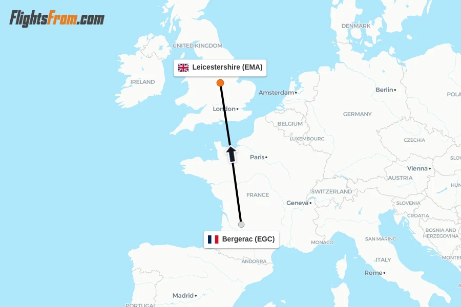 Flights from Bergerac to Leicestershire route map