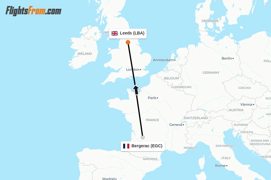 Flights from Bergerac to Leeds route map