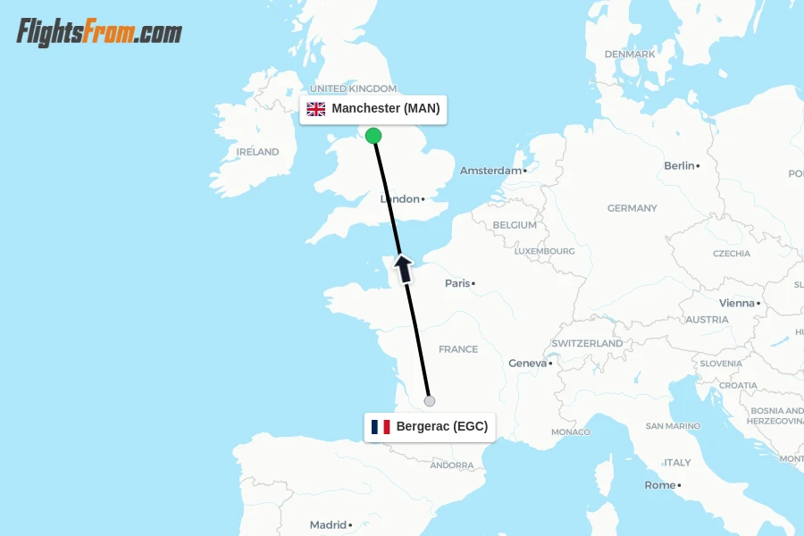 Flights from Bergerac to Manchester route map