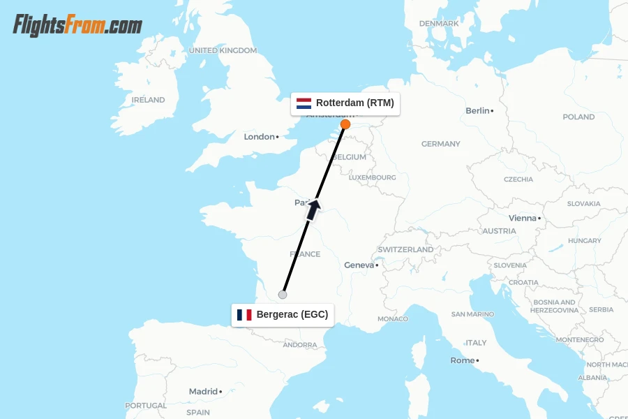 Flights from Bergerac to Rotterdam route map