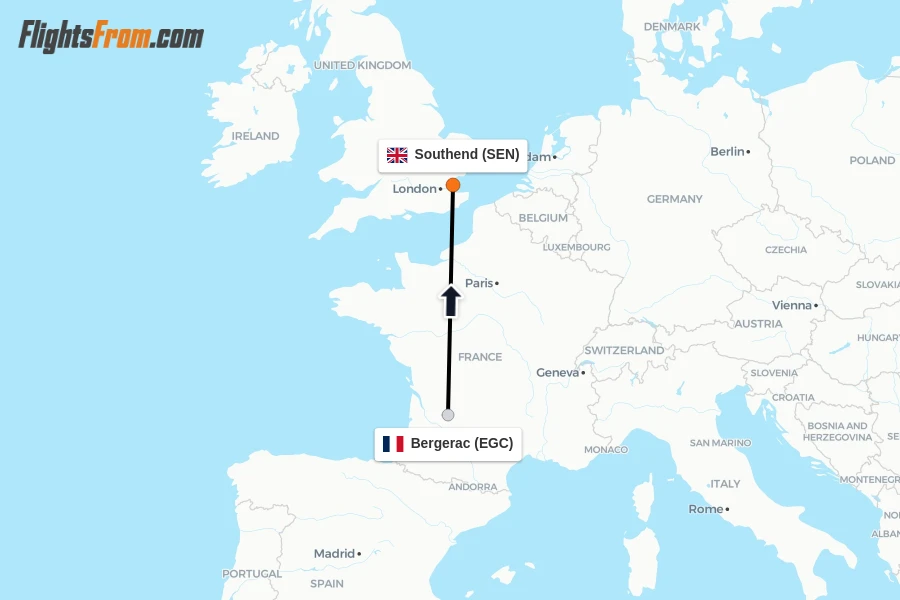 Flights from Bergerac to Southend route map