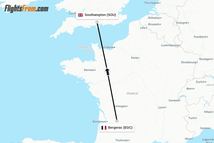 Flights from Bergerac to Southampton route map