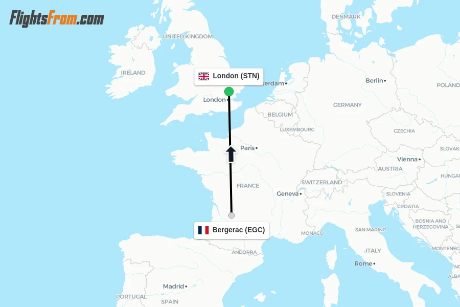Flights from Bergerac to London route map