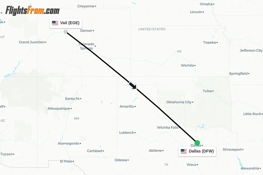 Flights from Vail to Dallas route map