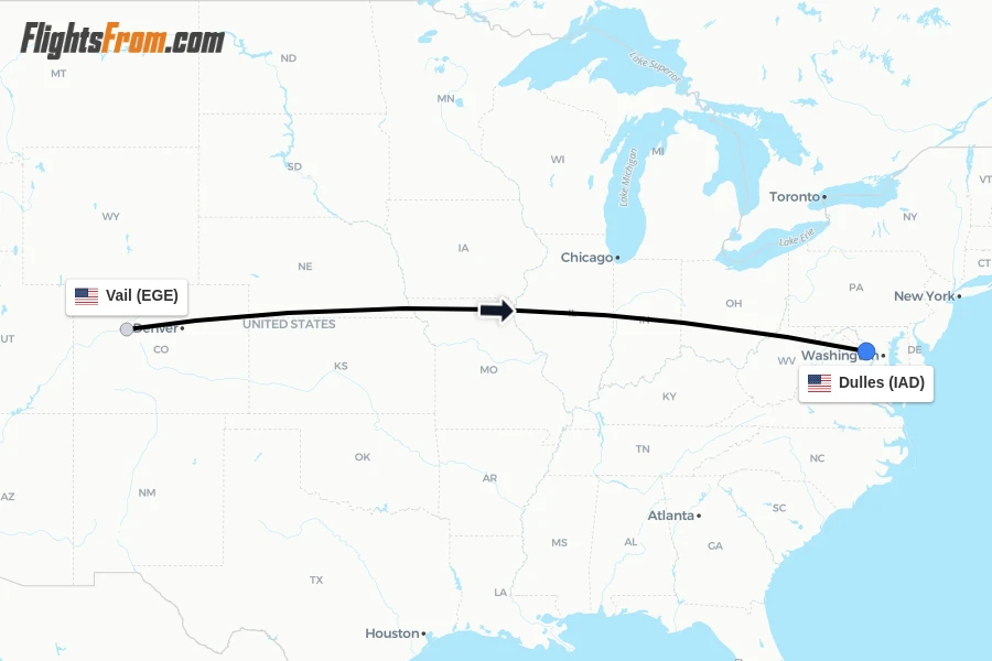 Flights from Vail to Dulles route map
