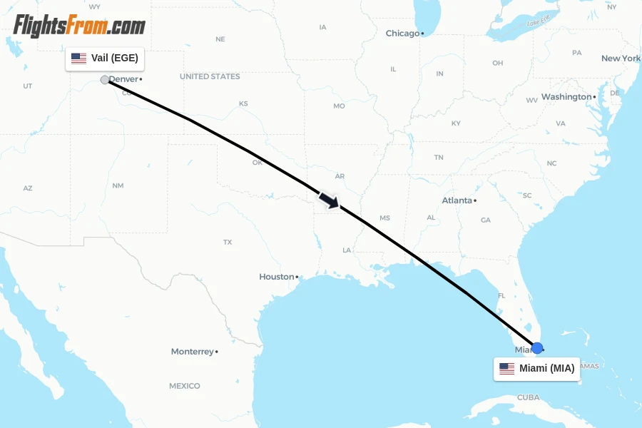 Flights from Vail to Miami route map