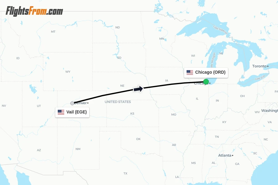 Flights from Vail to Chicago route map