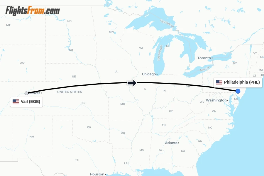 Flights from Vail to Philadelphia route map