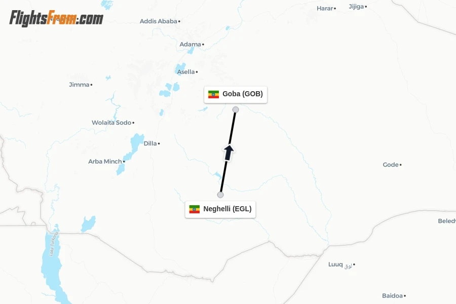 Flights from Neghelli to Goba route map