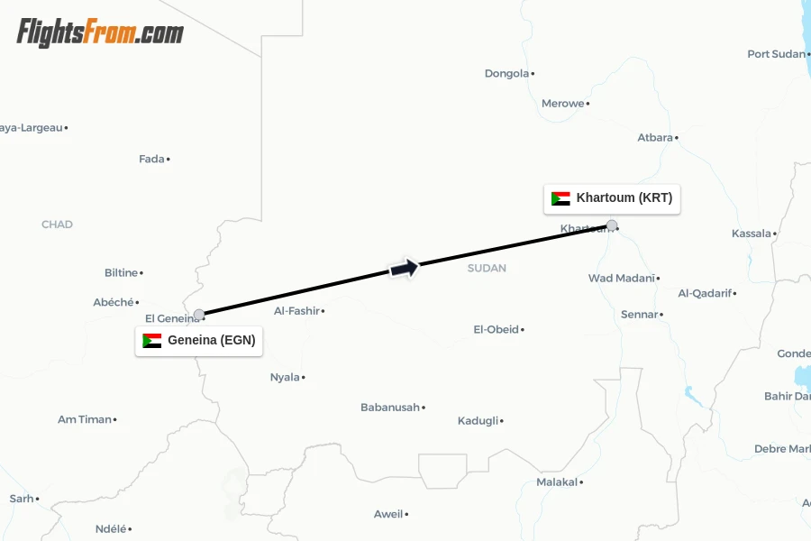 Flights from Geneina to Khartoum route map