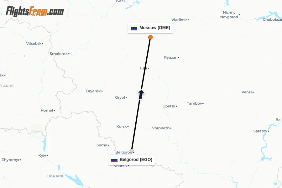 Flights from Belgorod to Moscow route map