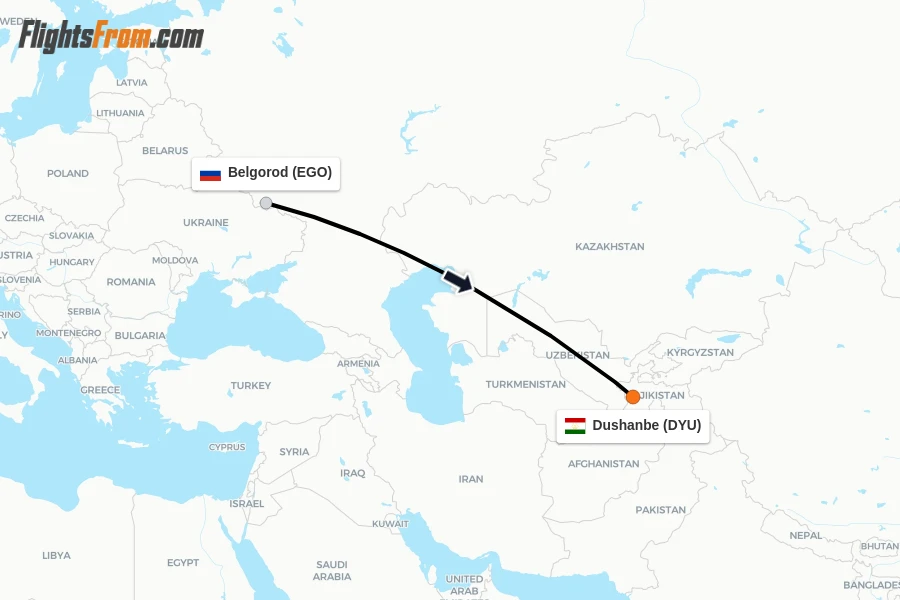 Flights from Belgorod to Dushanbe route map
