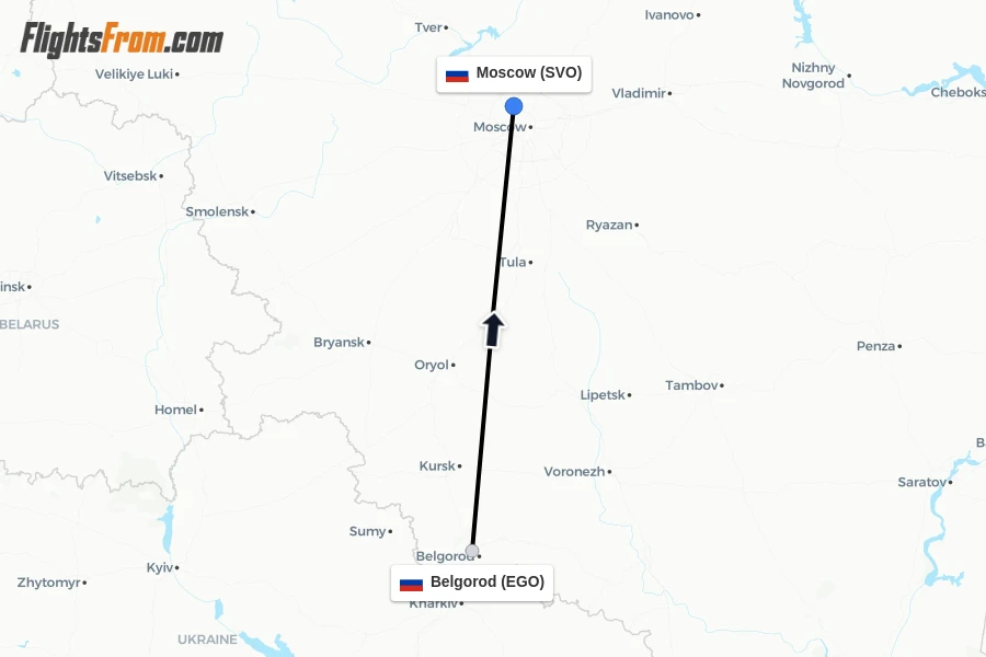 Flights from Belgorod to Moscow route map