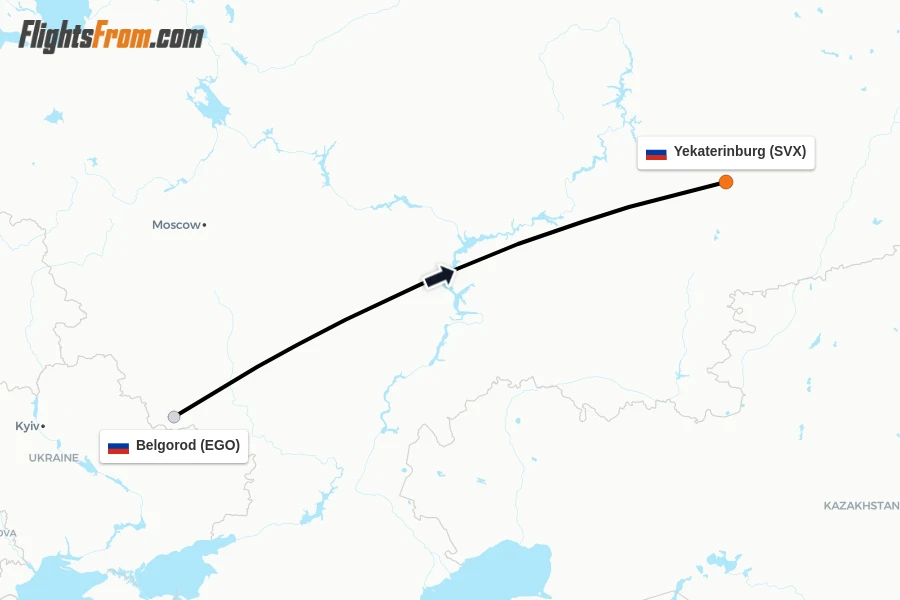 Flights from Belgorod to Yekaterinburg route map