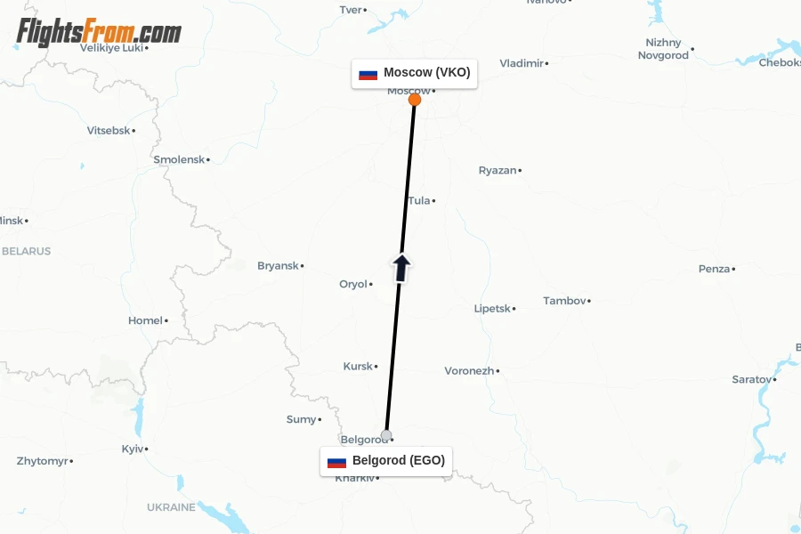 Flights from Belgorod to Moscow route map