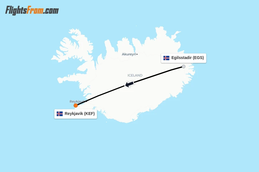 Flights from Egilsstadir to Reykjavik route map