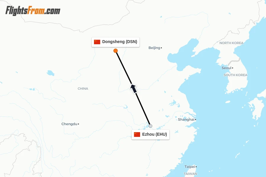Flights from Ezhou to Dongsheng route map