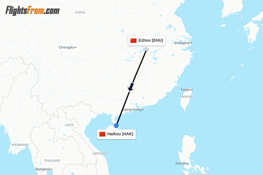 Flights from Ezhou to Haikou route map