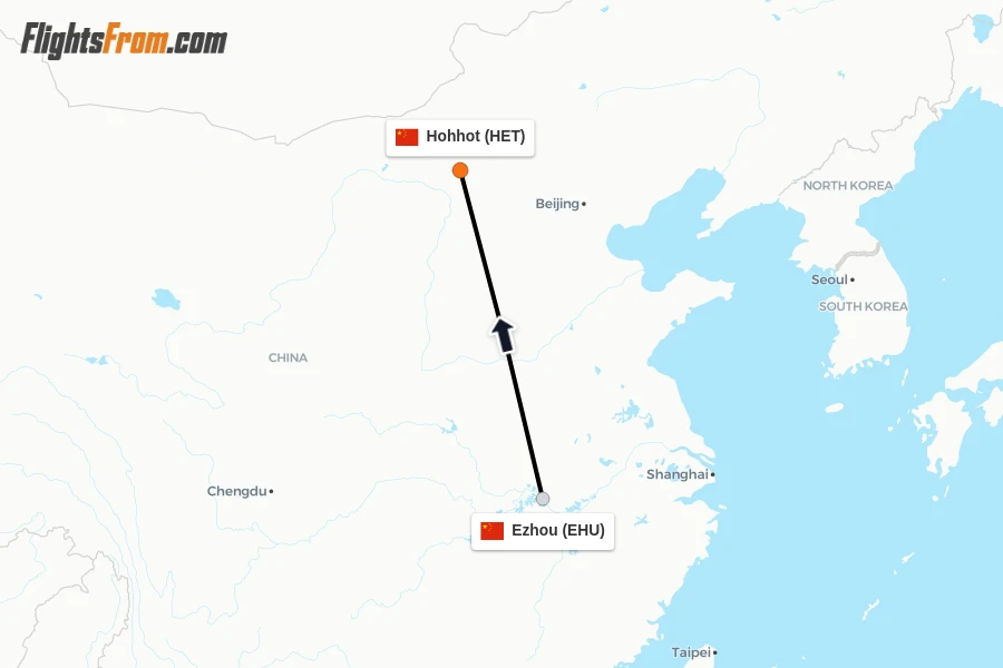 Flights from Ezhou to Hohhot route map