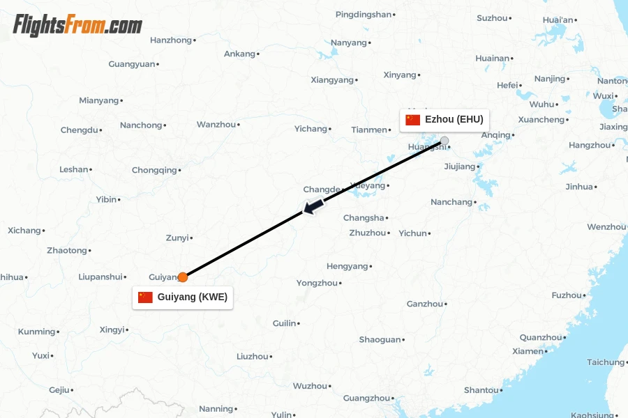 Flights from Ezhou to Guiyang route map