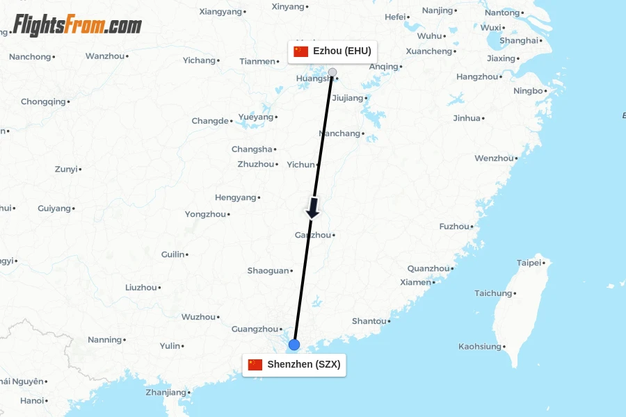Flights from Ezhou to Shenzhen route map