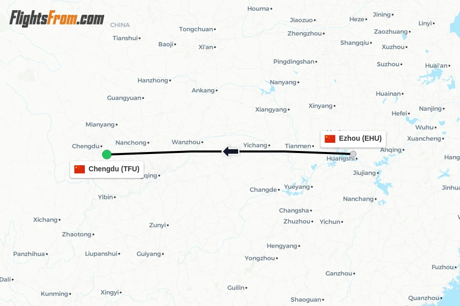 Flights from Ezhou to Chengdu route map