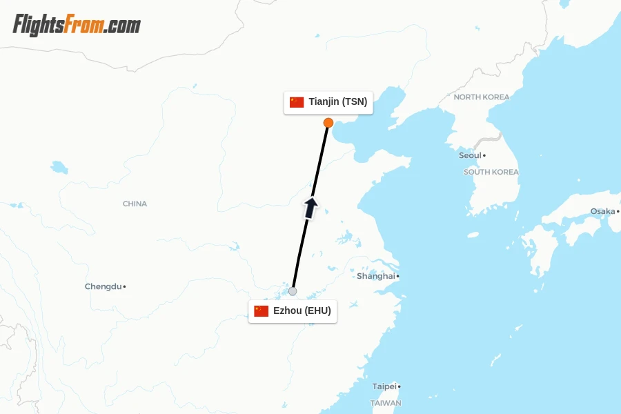 Flights from Ezhou to Tianjin route map