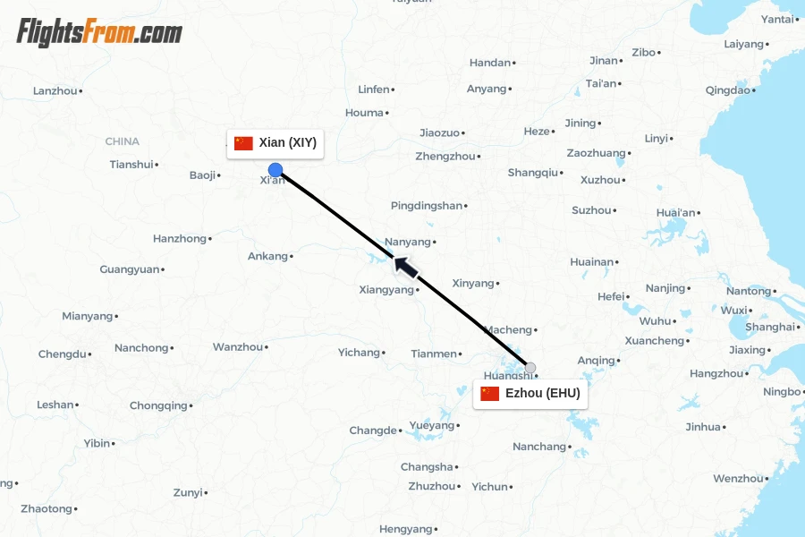 Flights from Ezhou to Xian route map
