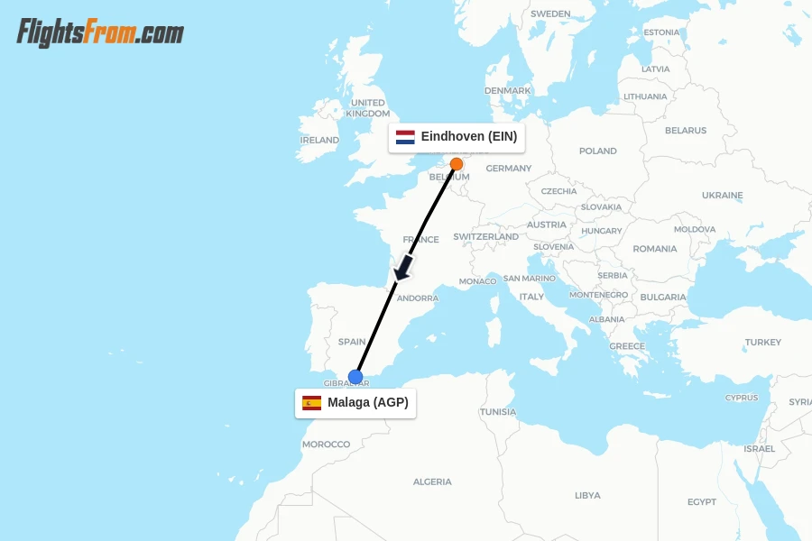 Flights from Eindhoven to Malaga route map