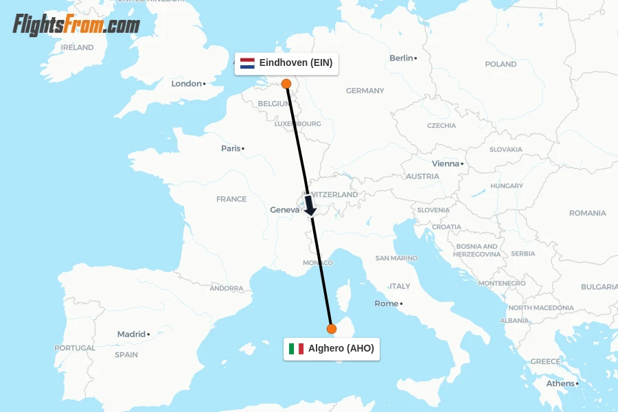 Flights from Eindhoven to Alghero route map