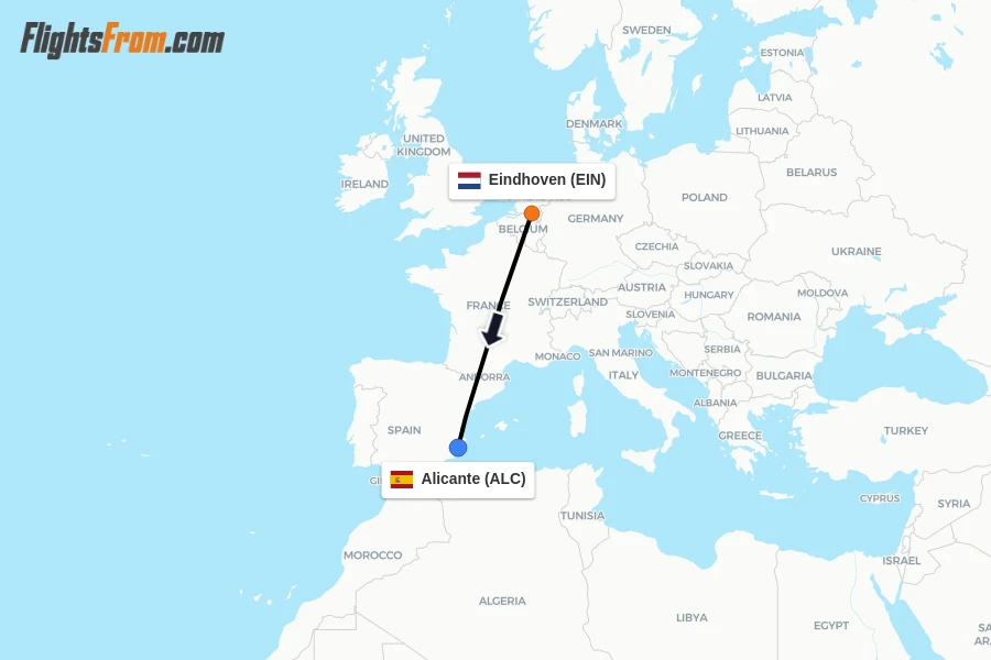Flights from Eindhoven to Alicante route map