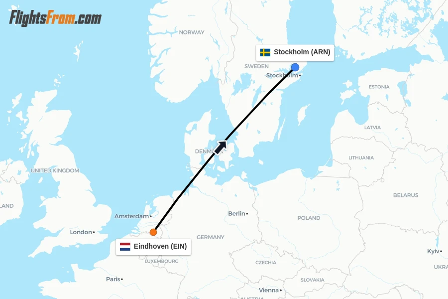 Flights from Eindhoven to Stockholm route map