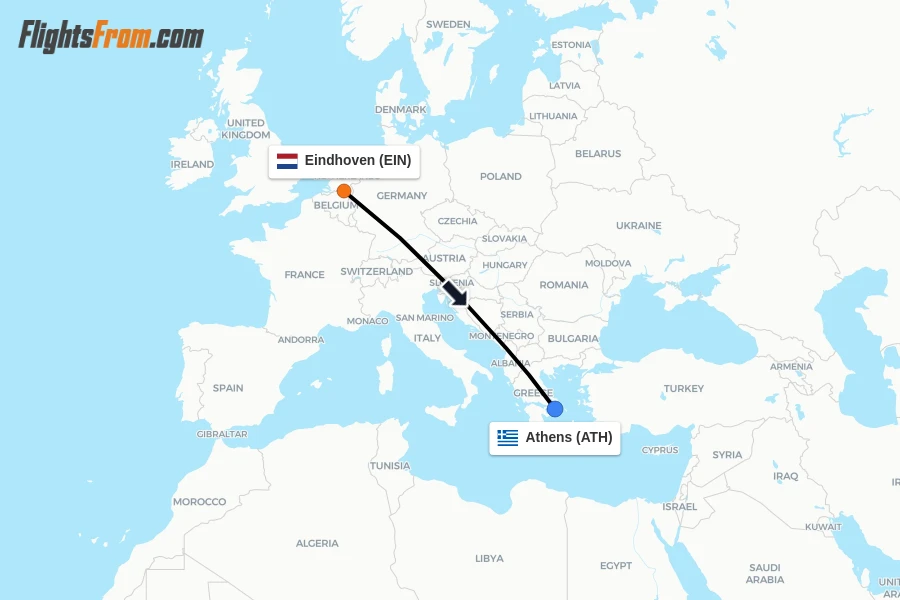 Flights from Eindhoven to Athens route map