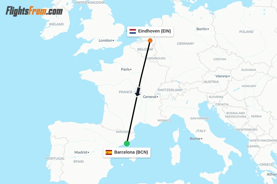 Flights from Eindhoven to Barcelona route map