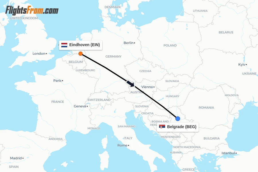Flights from Eindhoven to Belgrade route map