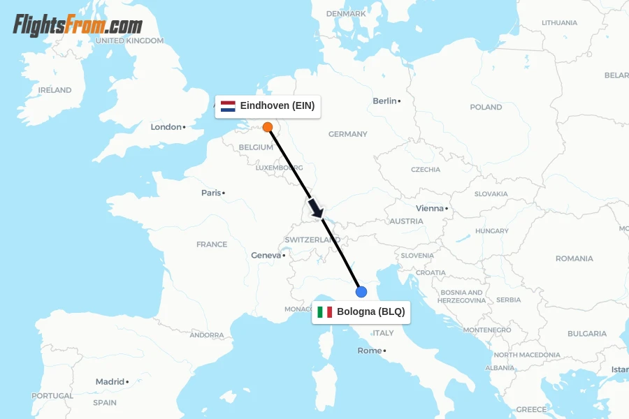 Flights from Eindhoven to Bologna route map