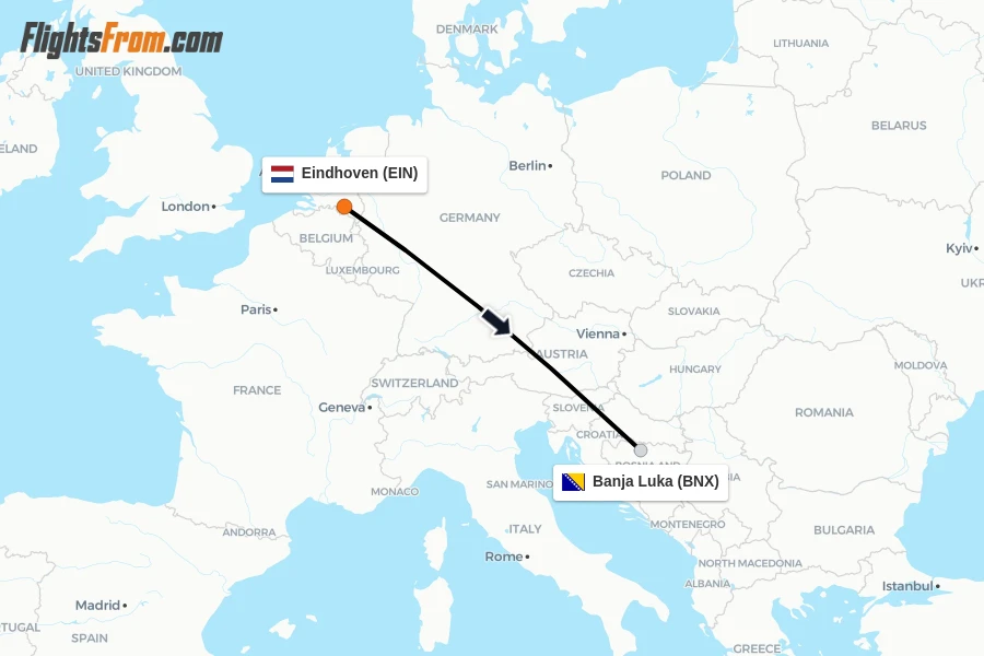 Flights from Eindhoven to Banja Luka route map