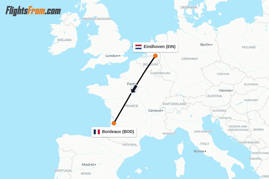 Flights from Eindhoven to Bordeaux route map