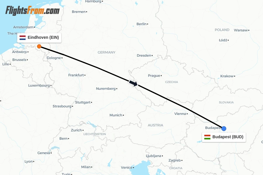 Flights from Eindhoven to Budapest route map