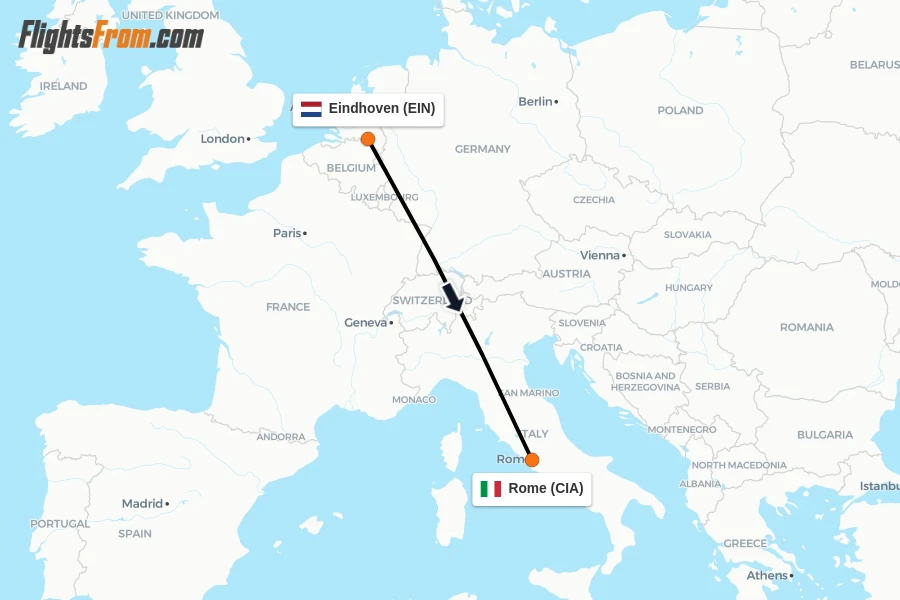 Flights from Eindhoven to Rome route map