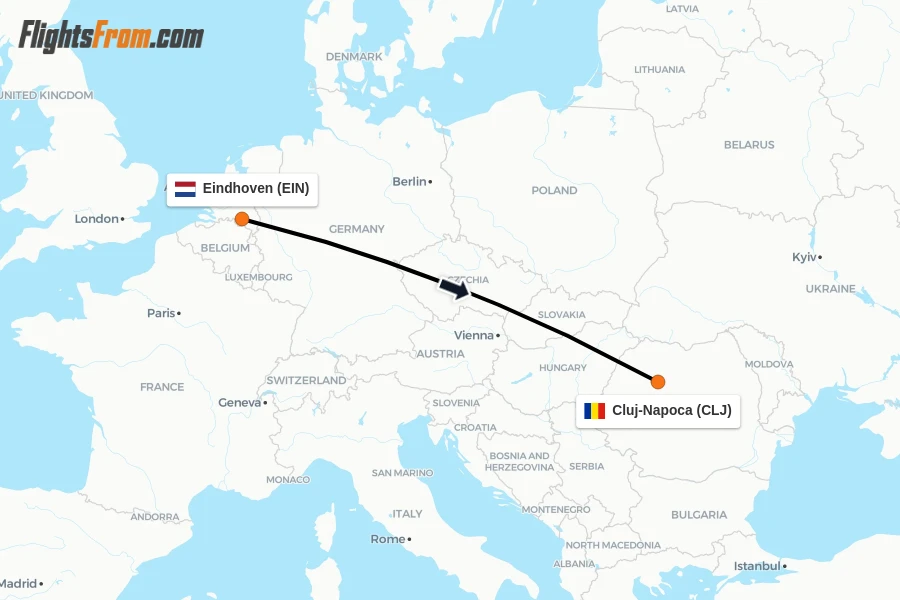 Flights from Eindhoven to Cluj-Napoca route map