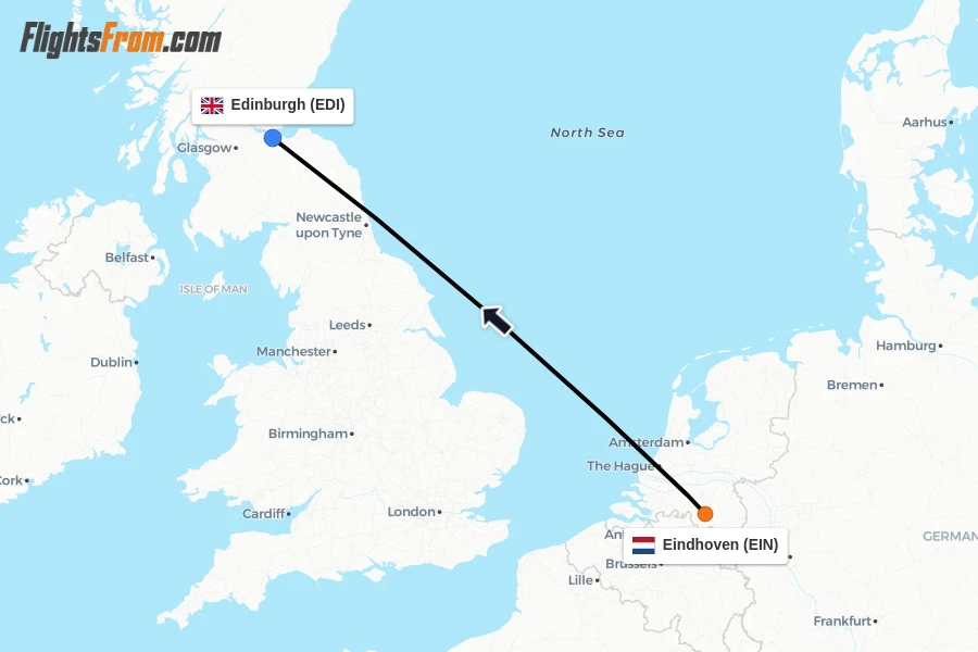 Flights from Eindhoven to Edinburgh route map