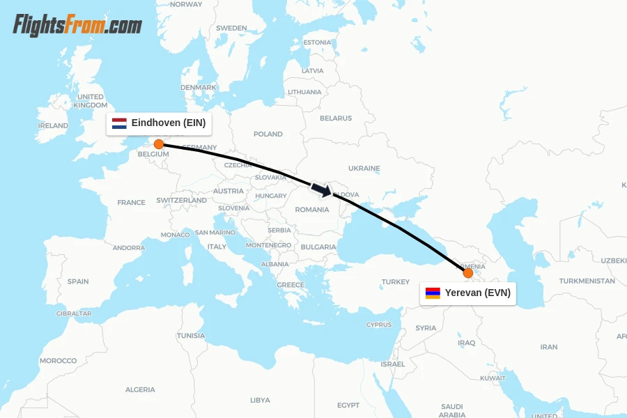 Flights from Eindhoven to Yerevan route map