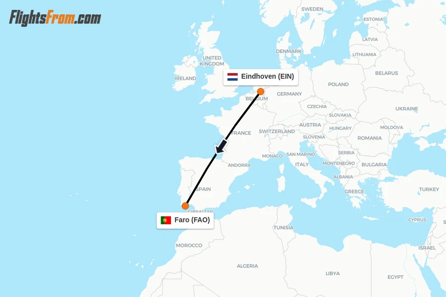 Flights from Eindhoven to Faro route map