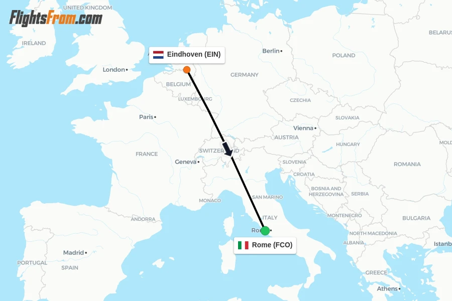 Flights from Eindhoven to Rome route map