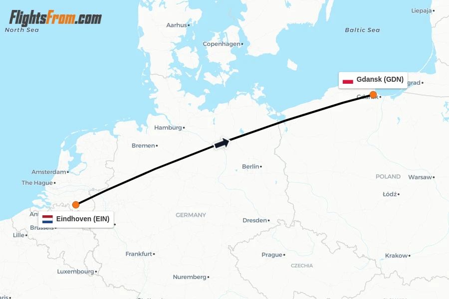 Flights from Eindhoven to Gdansk route map
