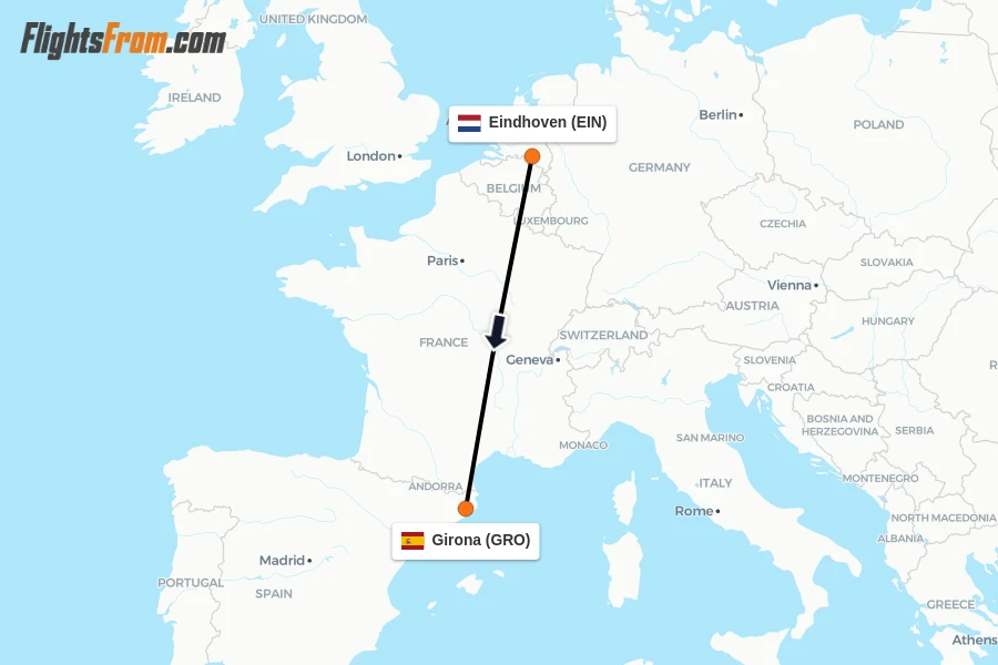 Flights from Eindhoven to Girona route map